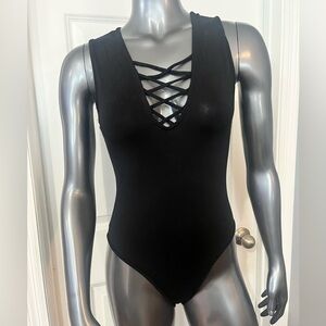 Small Stretchy Black Lace-Up Bodysuit